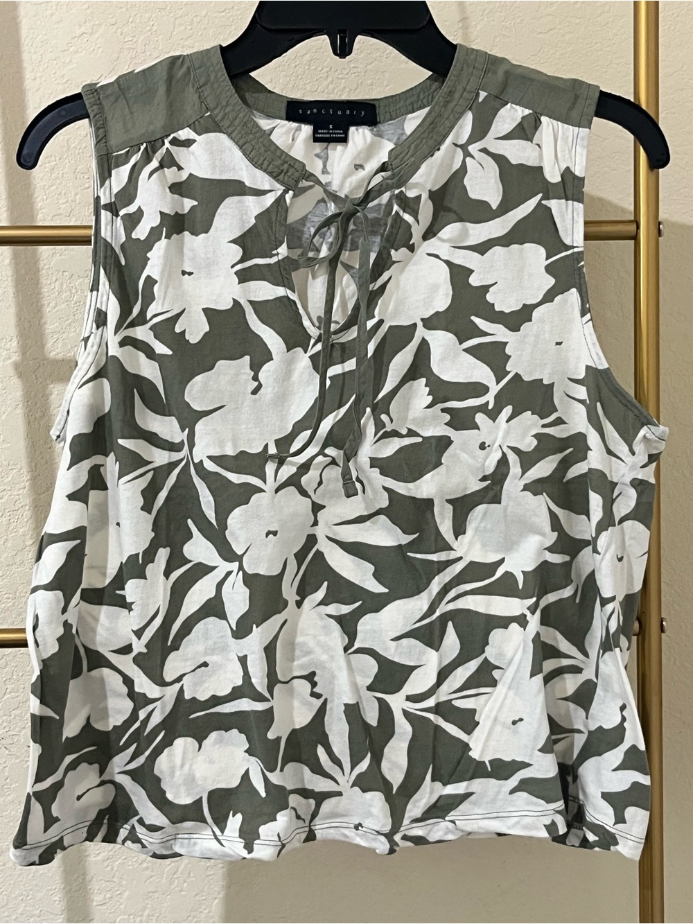 Sanctuary Olive & White Floral Tie-Neck Tank